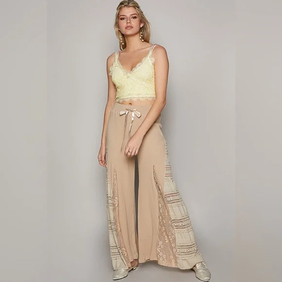339. POL LAST 1! Wide Leg Pant & Lace Dress Top Tan Pull On Drawstring 2 Piece - Picture 2 of 6
